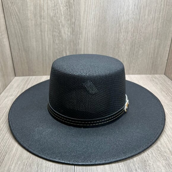 The Old Beristain Western Flat Top Cowboy Hat Wide Brim Straw Luxury Style Black - Picture 2 of 10